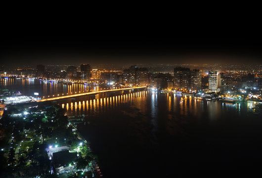 Aerial view of Nile river and bridge Cairo Egypt at night