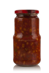 Glass jar with canned beans and vegetables