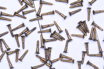 Group of brass screws on metal background