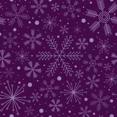 Fototapeta na wymiar Christmas seamless pattern with various snowflakes on violet background