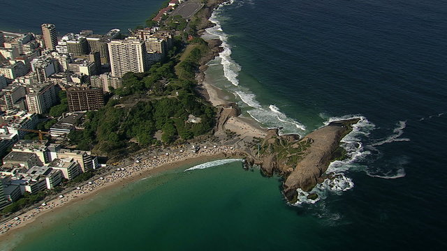 Aerial zoom in view of people on Ipanema Beach, Rio de Janeiro, Brazil