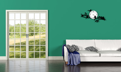 Living room interior with green wall