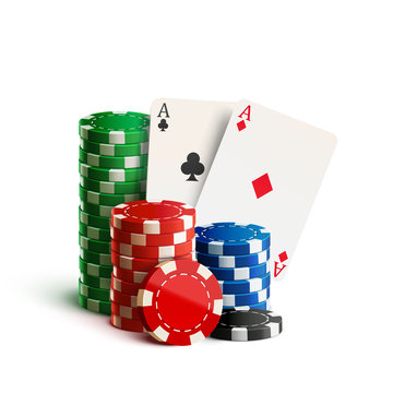 Poker De Conceito Online. Quatro Ases E Chips De Pôquer Em Fundo