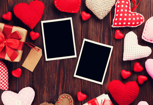 Valentines day photo frames and hearts