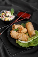 nems et riz cantonais sur fond sombre 1