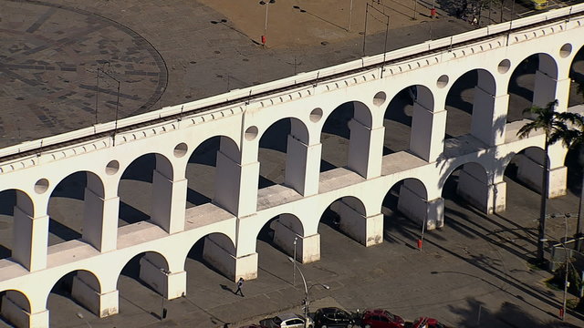 Aerial CU view of white Aqueduct landmark bridge, Rio de Janeiro,Brazil
