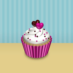 valentines card with 3d cupcake over vintage background