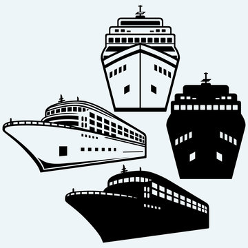 Big cruise ship. Isolated on blue background. Vector silhouettes