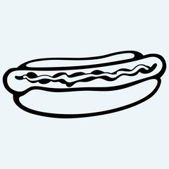 Old-fashioned hot dog with sausage. Isolated on blue background. Vector silhouettes