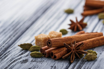Cinnamon sticks, star anise, cardamom
