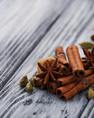 Cinnamon sticks, star anise, cardamom