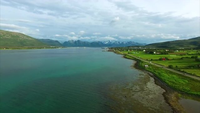 Scenic aerial view of town Sortland with its long spanning bridge on Vesteralen islands in Norway. Aerial 4k Ultra HD.