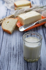 Glass of milk, bread and butter