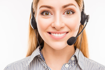 Close up portrait of young cheerful agent of call centre