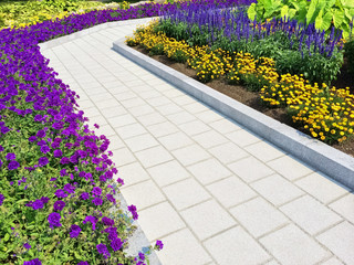 Tiled path in a blooming summer garden