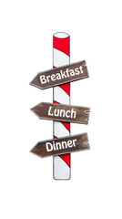 Breakfast, lunch and dinner arrow road sign pointing isolated on white