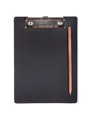 Clipboard with blank white piece of paper and black pencil