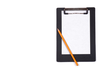 Clipboard with blank white piece of paper and black pencil
