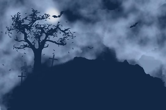 Tree, crosses, bats and moon on a foggy night