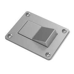 Blank, silver, power switch button. Angled view. 3D render illustration isolated on white background