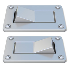 Blank, silver, power switch button ON OFF. Front view. 3D render illustration isolated on white background