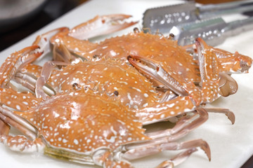 Steamed red horse crabs / Steamed red horse crabs on the table for eating.