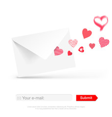 Paper envelope with red hearts on white background. Vector illustration