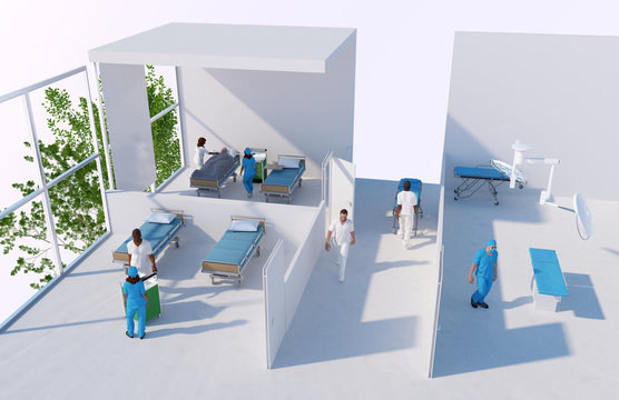 Ricostruzione 3d di un ospedale con infermieri, chirurghi e camere con pazienti