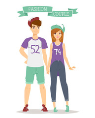 Beautiful vector cartoon couple fashion clothes models look standing over white background