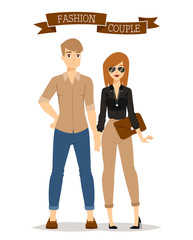 Beautiful vector cartoon couple fashion clothes models look standing over white background