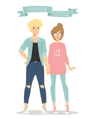 Beautiful vector cartoon couple fashion clothes models look standing over white background