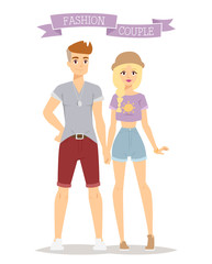 Beautiful vector cartoon couple fashion clothes models look standing over white background