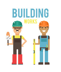 Cartoon workers couple and tools under construction vector illustration