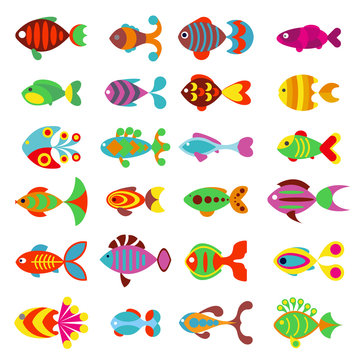 Aquarium flat style fishes vector icons