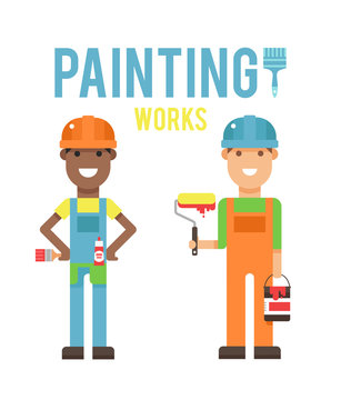 Cartoon workers couple and tools under construction vector illustration