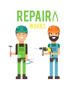Cartoon workers couple and tools under construction vector illustration