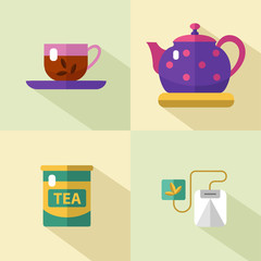 Vector flat style icons set of tea with long shadows. Cup, teapot, tea can, tea, tea bag. Tea time, tea leaves, tea tools. Tea time vector symbols.