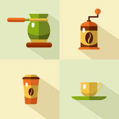 Vector flat style icons set of coffee products with long shadows. Cup, coffee grinder, coffee maker. Coffee break, coffee bean, coffee tools. Coffee time vector symbols.