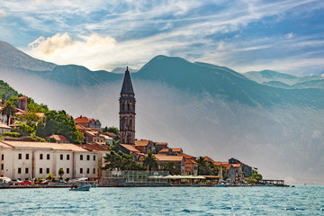 View from boat on Perast, Kotor Bay, Montenegro. - obrazy, fototapety, plakaty