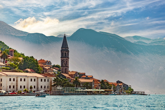 View from boat on Perast, Kotor Bay, Montenegro.