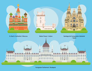 Vector illustration of Monuments and landmarks in Europe Set 2: St Basils Cathedral (Moscow), Belem Tower (Lisbon), Santiago de Compostela Cathedral (Spain) and Hungarian Parliament (Budapest). - obrazy, fototapety, plakaty