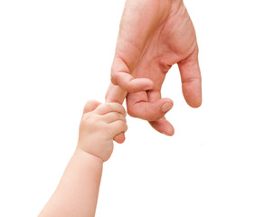 children's hand holds the hand of the father isolated