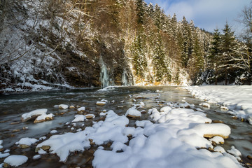 frozen waterfall in winter forest