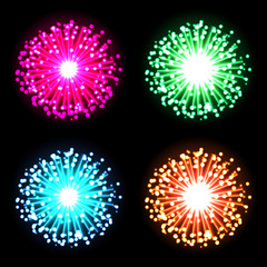 Festive firework bursting in glowing sparkles set against black background. Red, green, blue and orange. Vector. Isolated. Illustration. Use for print products, page and web decor or other design. 