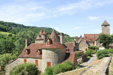 Fototapeta na wymiar Scenic view of Autoire, Lot, France listed as one of the Most Beautiful Villages of France with its medieval stone buildings