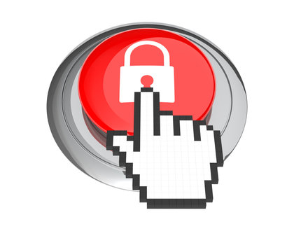 Mouse Hand Cursor on Red Padlock Button. 3D Illustration.