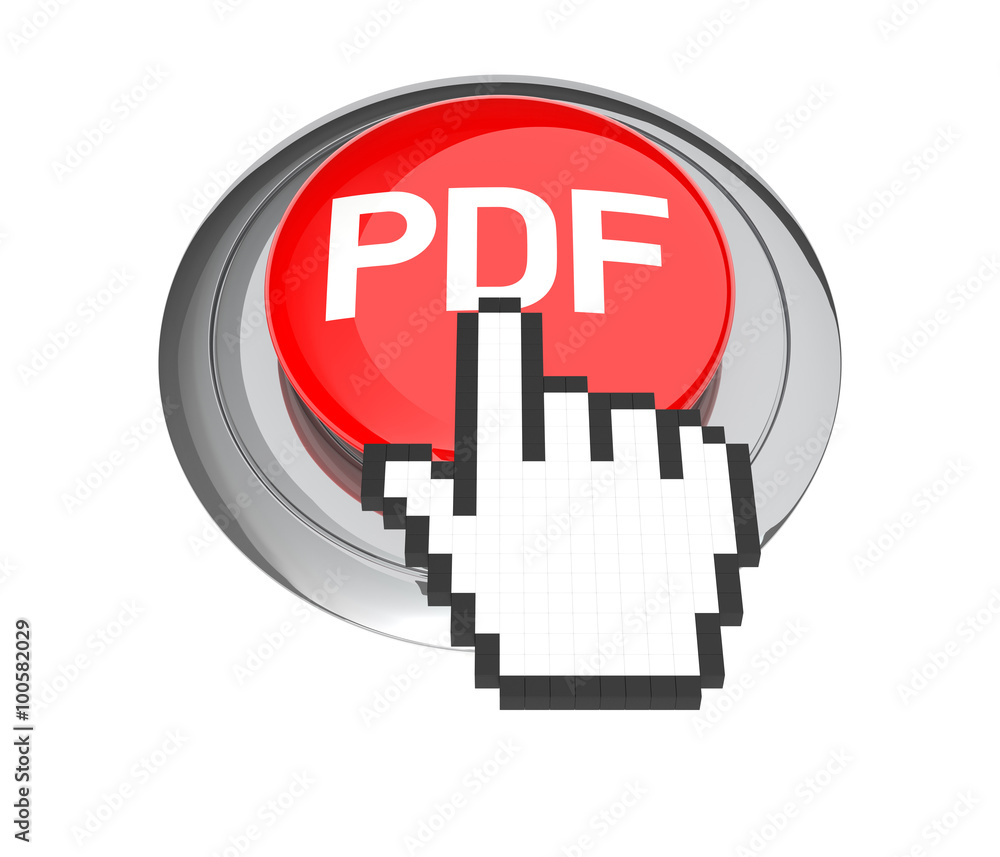 Poster mouse hand cursor on red pdf button. 3d illustration.