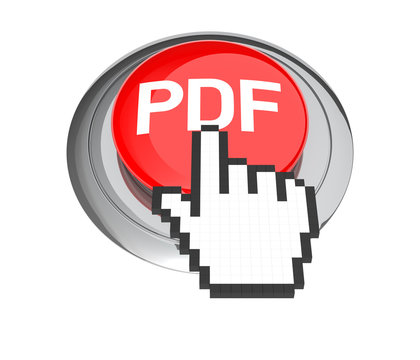 Mouse Hand Cursor on Red PDF Button. 3D Illustration.