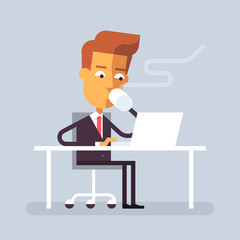Handsome man in formal suit is sitting at the desk with a laptop and drinking hot beverage. Cartoon character - businessman. Stock vector illustration in flat design. 
