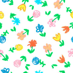 Crayon child's drawing of flowers on white. Seamless hand painting pattern with pastel color. Kids drawing illustration.